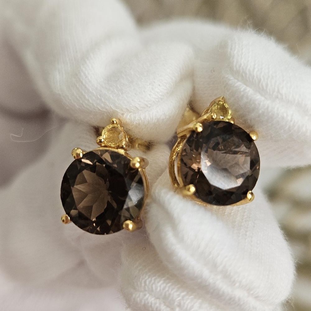 Smoky Quartz With Citrine Accent Gold Over 925 Silver Set - Picture 6 of 16